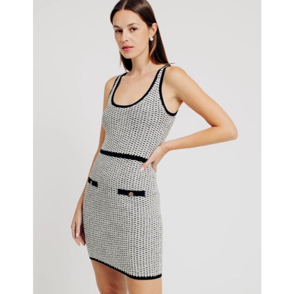 Aqua Black White Bouclé Tweed Knit Mini Dress Sleeveless Size M-NWT
